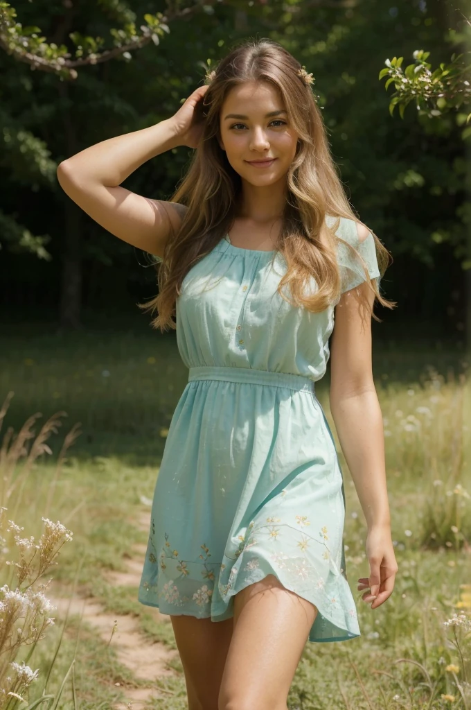 (best quality,highres,realistic:1.37),portrait,Latina woman,30-year-old, long blonde hair,honey-colored eyes,perfect hands and fingers,smiling,blue flowered dress,walking through a field full of flowers,soft sunlight,serene atmosphere,vivid colors,lush green grass,dainty flower petals dancing in the breeze,sweet scent of blossoms filling the air,remote countryside,tranquil and peaceful ambiance,gentle swaying of the tall grass,delicate and colorful wildflowers,joyful and carefree expression,relaxed and confident posture,natural beauty and radiance,beautifully textured dress,charming and elegant feminine grace,happiness and contentment in her eyes,harmonious blend of warm and cool tones,natural highlights in her hair,soft and glowing honey-like skin,subtle shading and contours,comfortable and confident strides,dappled light filtering through the trees,serene and harmonious connection with nature,endless meadow stretching into the horizon,majestic mountain range in the distance,a moment of tranquility and appreciation of nature's beauty.