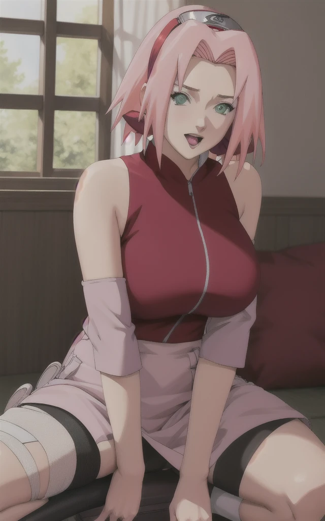 Masterpiece, stunning realistic, best quality,sakura haruno,sitting on a table in a school,hands on table,school uniform,closeup,only upperbody,front view ,pink hair,green eyes,forehead mark,big breasts,breasts fall out,green eyes,red hairband,forehead mark，Sitting on the toilet，Ass Focus，（Sitting on the toilet），Ass wet and oiled