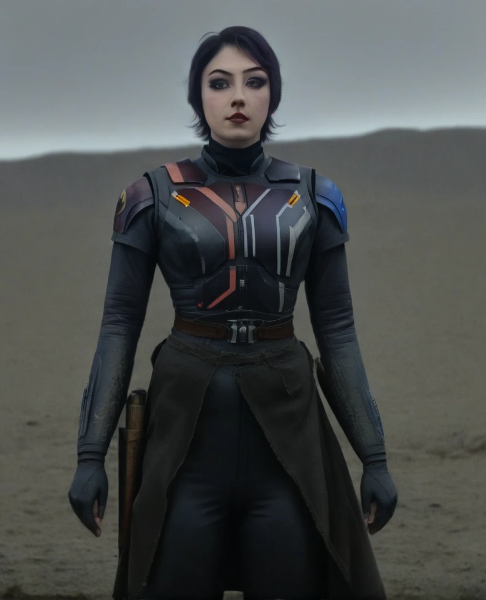 score_9,score_8_up,score_7_up,score_6_up, Trilla,green eyes,black hair, upper body, wet, armor,gloves,black bodysuit,black cape,belt,rain, science fiction,sith base, star wars, outdoors, rain, solo,fflixbag
wearing armor
sabine wren
