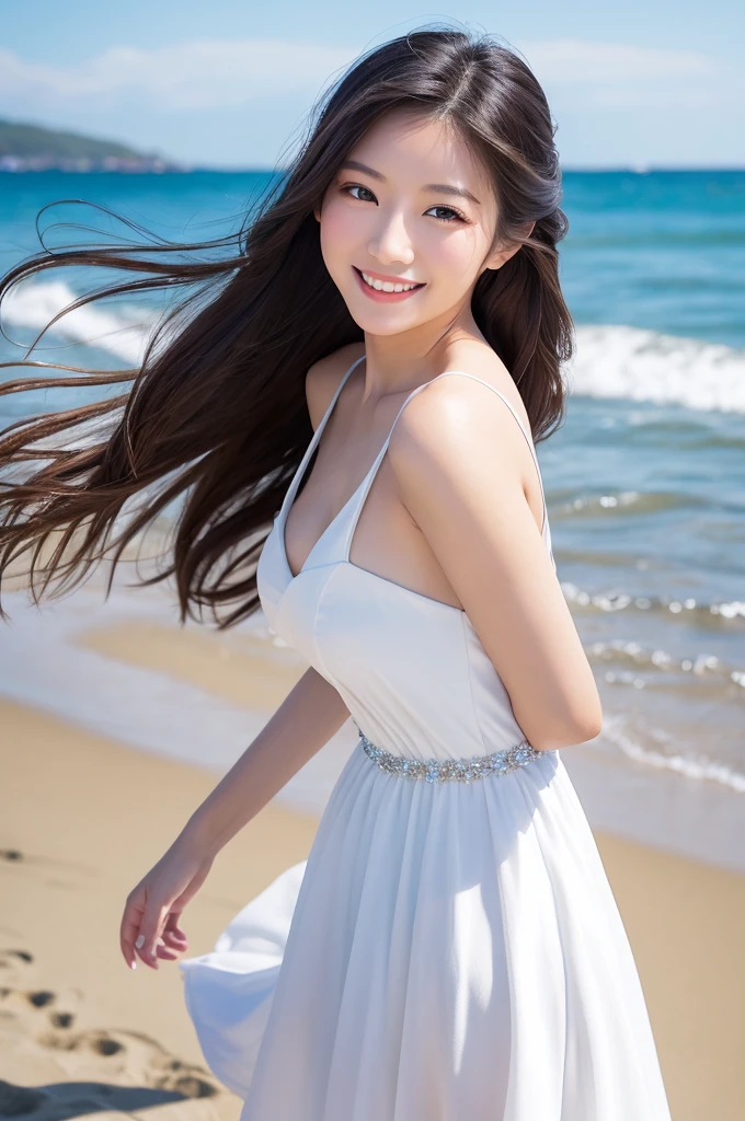 (8k, RAW photo, best quality, masterpiece:1.2), (realistic, photo-realistic:1.4), (extremely detailed 8k wallpaper), Japanese 20 age woman, she is wearing a white dress,The background is the sea,The wind blows my skirt up,she is smiling,ponytail,My skirt floats up in the wind and I can see my underwear.,I'm wearing a straw hat, but it looks like it's going to be blown away by the wind.