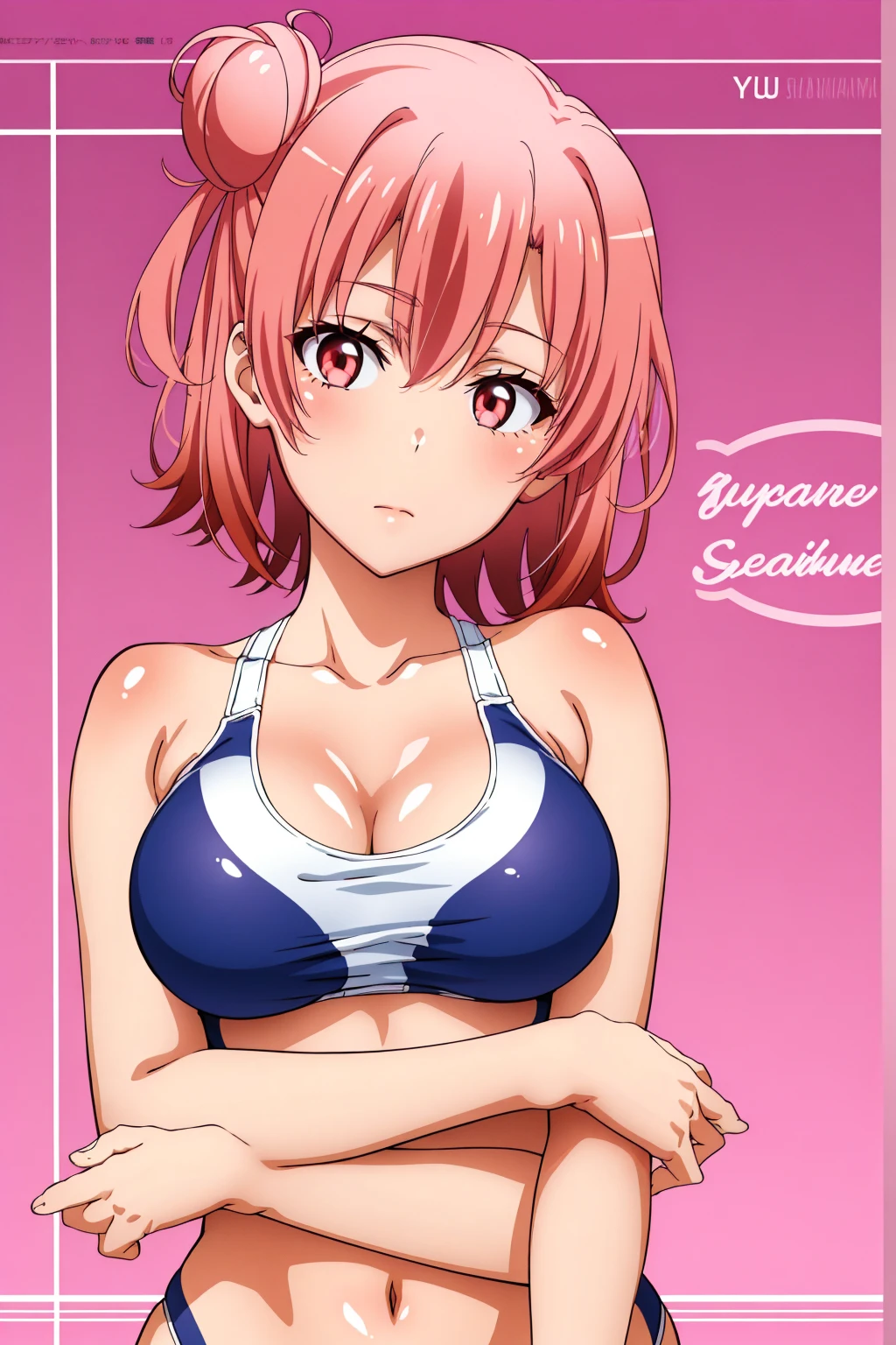 highest quality, High resolution, perfect pixel, Depth of the bounds written, 4k, beautiful anime girl, perfect body, 
looking at the viewer, 
Yuigahama Yui, 1 girl, short hair, pink hair, hair bun, pink eye, 
large breast, 

1girl, competition swimsuit,