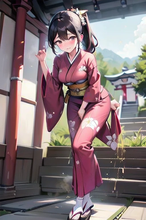 nsfw, (masterpiece, top quality, best quality, highly detailed:1.6), extremely detailed CG unity 8k wallpaper, (1 woman standing on the shrine, outdoor, kimono:1.5), Maxi Length, strong facial expression, (sharp eye:1.2), (scowl:1.1), (embarrassed,blush:1.3), (steam:1.5), (wet:1.1), (sweat:1.1), (trembling:1.3), (parted lips:1.4), (harf open eyes:1.5), (feeling weak:1.5), (shoot from front, looking at viewer:1.2), (leaning forward,close knees, hands between legs, pee running down legs:1.7), (((clutching crotch))), Sandals, (long hair, Brown hair, low ponytail:1.4), (woman trembling with sexual climax:1.5), colorful, full body, wide shot, perfect composition, (Crossing legs, Touching the crotch:1.7), urination, incontinence, piss, peeing self, A lot of pee, pee running down legs, (((pee stream))), (pee puddle), wetting herself, peeing, blush, trembling, embarrassed, large breasts, Yellow pee, ((leaking pee)), Shaking one's shoulders, Breaking a sweat on forehead, puddle of pee, Pee at your feet, Pee spread on the floor, (Pee stains), Feet wet from pee, Pee-covered feet, Pee at your feet, want to pee, about to pee, Full bladder, Pee-soaked kimono, Pee-soaked ankle socks, Pee-soaked sandasls, natural makeup,