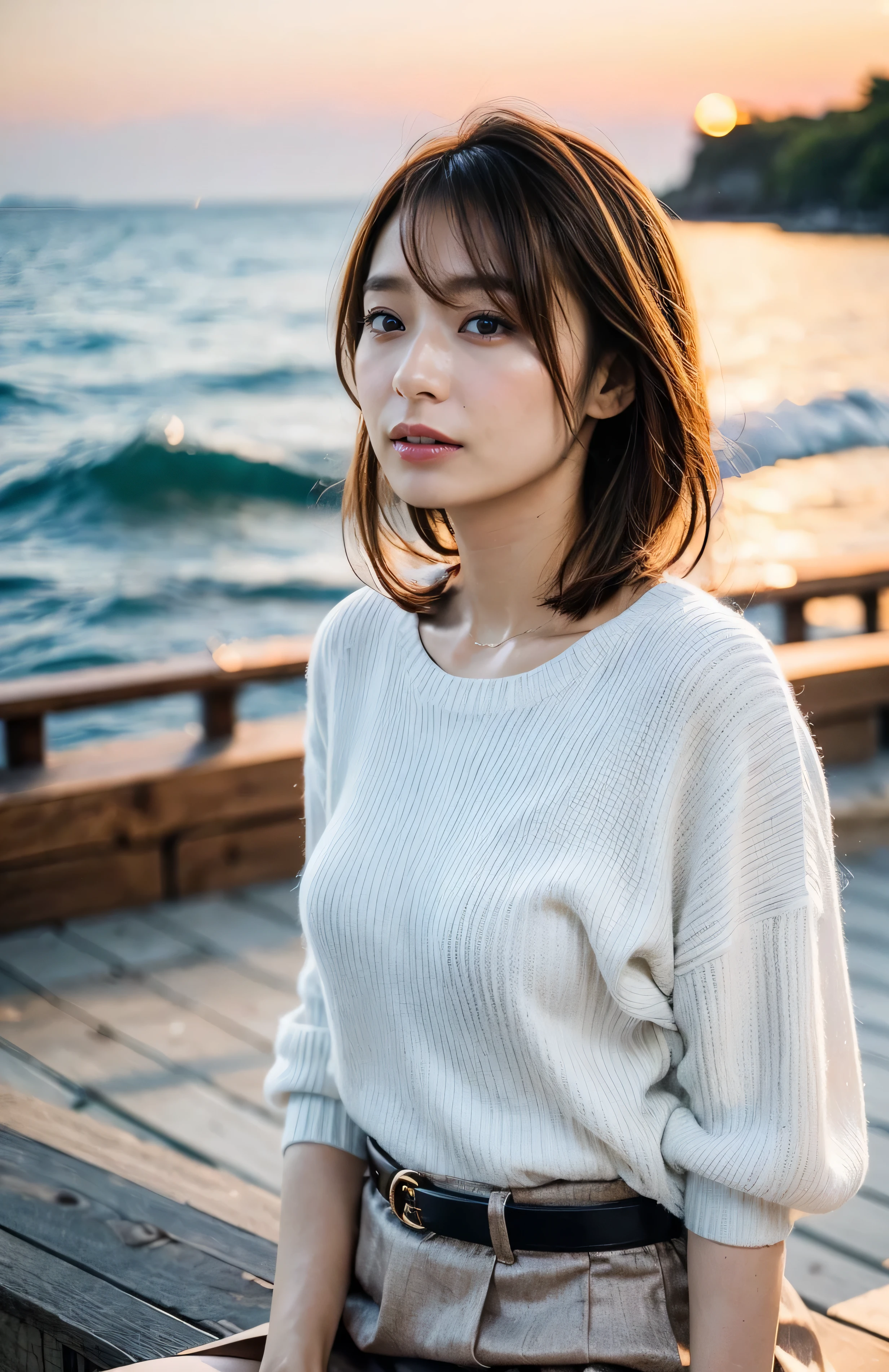 At the front desk of a luxurious inn、Midsummer Fashion、The sky turns red、Wet white t-shirt and jeans、、Light brown hair、Elegant hairstyle、Blue Eyed Woman、A woman with a cute upward gaze、When the sky gets dark、The sky turns red as the sun sets、Tight clothing that shows your body lines、、Elegant summer knitwear、Elegant summer sweater、Dress elegantly着こなす、Luxury Bagedium Shorthair:1.4))、The sun shines on her、Light brown hair、Light brown hair、The sky was dyed red、There are clouds、private's cute、Her ample breasts are obvious even through her clothes..、The shining sun is so beautiful、Dusk is approaching、Lens flare、I can see the sunset、((Sunlight reflecting off the ocean、Ocean View、The sun shines on the sea、'beautiful.、Small earrings、private'evening、Birds are also flying、、Brown Hair Color、Tying up hair、The woman is on the right:1.4))、Luxury leather belts、Shiny clothes、Light beige hair color、Background Blur、Braid only the front hair、Light brown hair、{{Cowgirl Shot}}、((Close-up shot from the waist up、Ample breasts:1.4))、Smile、Silk clothing、Ample breasts that can be seen even through clothes、Braid only the front hair、Cowboy Shot、Gorgeous white collared silk shirt and brown skirt、Dress elegantly、Luxury Bags、A lovely smile、((Ample breasts))、Full body photo、ring、Short skirt、Tuck your hair behind one ear、Silver Necklace、smile、 Elegant ponytail、Caustics、Highly detailed photos、Very beautiful and ideal short hair、Super no makeup、(8k、RAW Photos、Highest quality、masterpiece:1.2)、(Realistic、Realistic)、1 girl、((Medium Short Hair、Looking into the camera:1.4))、Hair blowing in the wind