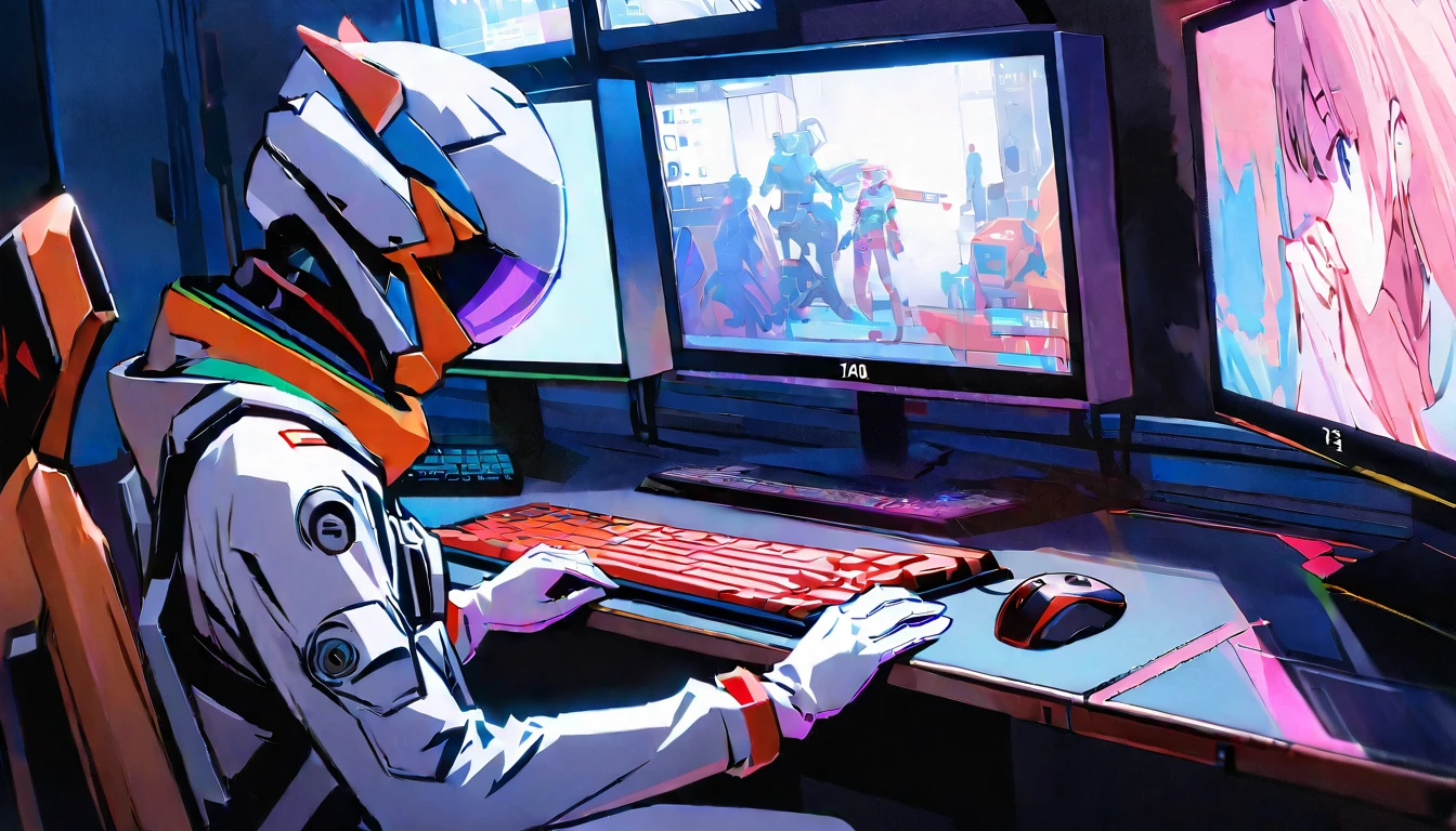 Chinese astronauts，Chinese astronauts明日香雕像，Red EVA-02 wallpaper，Two monitors stand，Gaming equipment on the table，White Gloves Characters，Covering the face with one hand。Under colorful neon lights，Vitality。Each screen，Asukaya is eye-catching，Artist&#39;s unique style。Vivid scenes，Vitality。
(Chinese astronaut:1.3), (astronaut anime expo:1.2), (computer and keyboard in front:1.2), (Astronaut Asuka:1.3), (beautiful Astronaut Asuka from Evangelion:1.3), (Neon Genesis Evangelion style:1.2), (Neon Genesis Evangelion:1.2), (Astronaut Asuka Langley:1.3), (fully suited Astronaut Asuka Langley Soryu:1.2), (masterpiece:1.3), (best quality:1.3), (highly detailed CG Unity 8k wallpaper:1.3), (best illustration award:1.2), (exquisite shadows:1.2), (absurdes:1.2), (realistic lighting:1.3), (abyss:1.2), (beautiful intricate glow:1.2), (Peter MohrBacher's art style:1.1)
