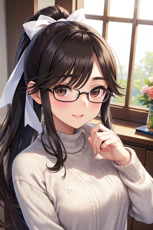 nsfw,
Gaoling loves flowers、Shiny brown hair, Wavy Long Hair、, Beautiful brown eyes、smile、Sparkling eyes, (Fine grain)、Ultra-detailed eyes、Very detailedな顔, Very detailedな目,

masterpiece,Highest quality,High resolution,Very detailed,masterpiece, Highest quality, High resolution, Medium chest、

Glasses、Beauty、woman wearing knitted clothes、Sunburned skin、ponytail