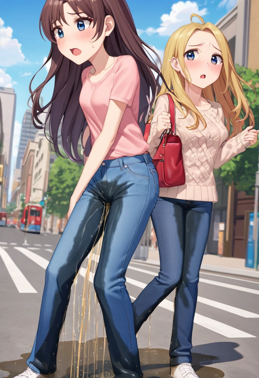 ((best quality, masterpiece:1.3, 8K)), (detailed), highly detailed face and skin texture, detailed eyes, downtown, full body, slender body, 2girls, 25 years old, white skin, bright lips, worried, embarrassed, long hair, (forehead:1.0), jeans pants, flares jeans, blue jeans, peeing jeans, peeing pants, pee stain, (wetting herself:1.5), desperation:1.5,