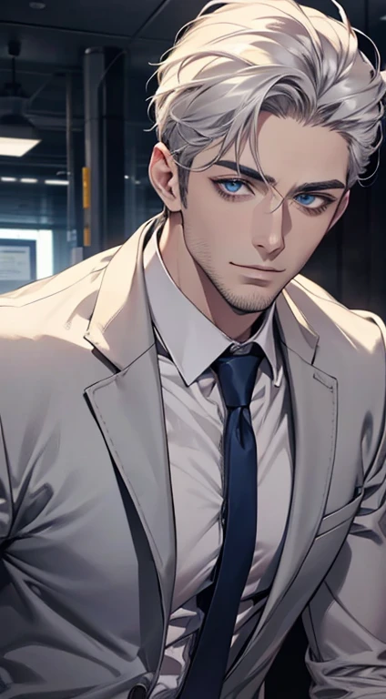 (best quality,4k,8k,highres,masterpiece:1.2),ultra-detailed,(realistic,photorealistic,photo-realistic:1.37),1 man,31 years old,mature man,very handsome,without expression,smile,short grey white hair,blue eyes,penetrating gaze,perfect face without errors,imposing posture,businessman,office background,cinematic lighting,hdr image