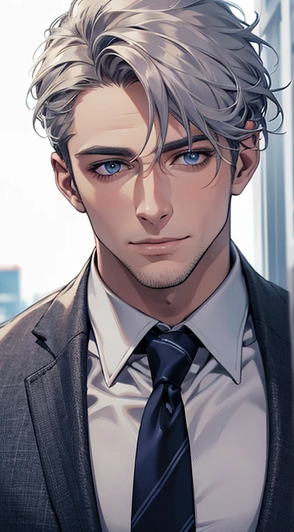 (best quality,4k,8k,highres,masterpiece:1.2),ultra-detailed,(realistic,photorealistic,photo-realistic:1.37),1 man,31 years old,mature man,very handsome,without expression,smile,short grey white hair,blue eyes,penetrating gaze,perfect face without errors,imposing posture,businessman,office background,cinematic lighting,hdr image