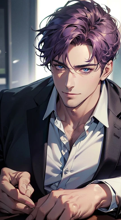 (best quality,4k,8k,highres,masterpiece:1.2),ultra-detailed,(realistic,photorealistic,photo-realistic:1.37),1 man,31 years old,mature man,very handsome,without expression,smile,short purple hair,blue eyes,penetrating gaze,perfect face without errors,imposing posture,businessman,office background,cinematic lighting,hdr image