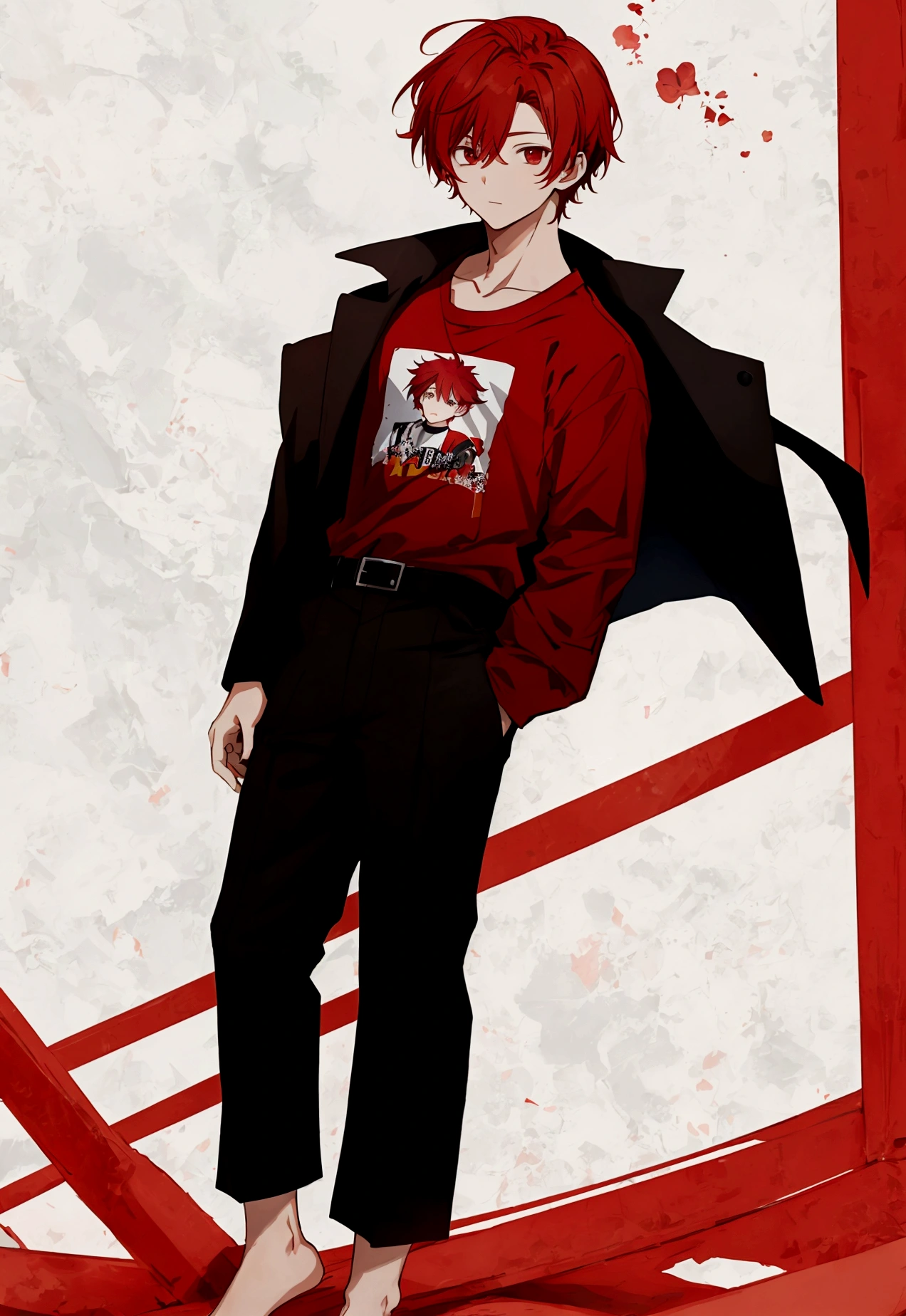 anime boy, blond hair, crimson eyes, black coat, Scar on right eye, black shorts, black and white shoes
