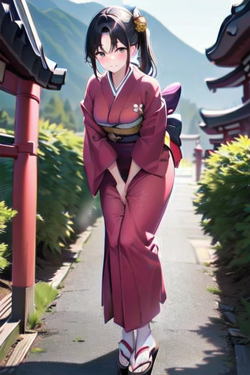 nsfw, (masterpiece, top quality, best quality, highly detailed:1.6), extremely detailed CG unity 8k wallpaper, (1 woman standing on the shrine, outdoor, kimono:1.5), Maxi Length, strong facial expression, (sharp eye:1.2), (scowl:1.1), (embarrassed,blush:1.3), (steam:1.5), (wet:1.1), (sweat:1.1), (trembling:1.3), (parted lips:1.4), (harf open eyes:1.5), (feeling weak:1.5), (shoot from front, looking at viewer:1.2), (leaning forward,close knees, hands between legs, pee running down legs:1.7), (((clutching crotch))), Sandals, (long hair, Brown hair, low ponytail:1.4), (woman trembling with sexual climax:1.5), colorful, full body, wide shot, perfect composition, (Crossing legs, Touching the crotch:1.7), urination, incontinence, piss, peeing self, A lot of pee, pee running down legs, (((pee stream))), (pee puddle), wetting herself, peeing, blush, trembling, embarrassed, large breasts, Yellow pee, ((leaking pee)), Shaking one's shoulders, Breaking a sweat on forehead, puddle of pee, Pee at your feet, Pee spread on the floor, (Pee stains), Feet wet from pee, Pee-covered feet, Pee at your feet, want to pee, about to pee, Full bladder, Pee-soaked kimono, Pee-soaked ankle socks, Pee-soaked sandasls, natural makeup,