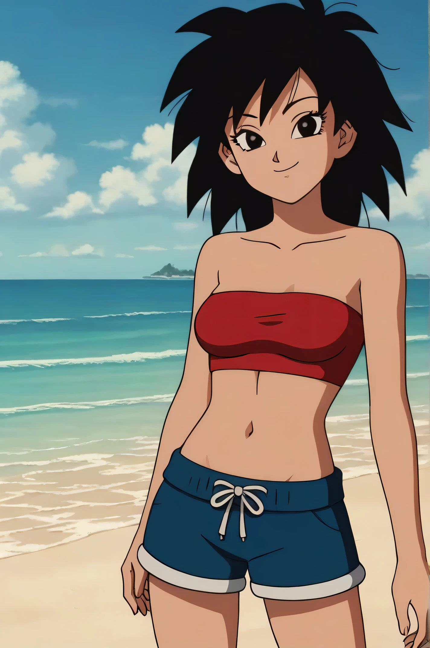 source_anime, score_9,score_8_up, score_7_up, ginedb, anime screencap, 1girl, solo, looking at viewer, smile, medium breasts, black hair, beach, ocean, bare shoulders, medium breasts, smile, cowboy shot, medium hair, black eyes, spiked hair, eyelashes, masterpiece, best quality, a red Hawaiian dress, strapless red tank and a red maxi towel skirt, slide spilt, beach background, sea, very aesthetic, absurdres, midriff, blue skies, standing up