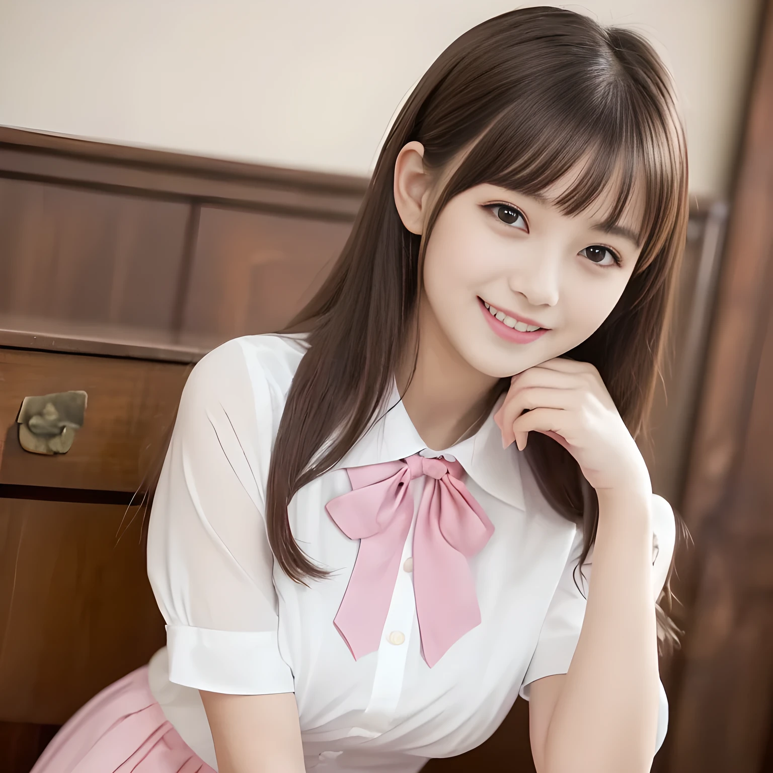 (highest quality, masterpiece:1.2), highest quality, High resolution, 1080P, 8K, Height: 158cm, ((A noble and intelligent girl like Japanese cute girly lady is hypnotizing and giggling, A very sweet, very noble, pretty and neat Japanese beautiful cute girl. ************. Realistic very girly sweet cute princess)), ((((White face with plump cheeks)))), Glossy lips, (Evenly cut bangs), ((Very beautifully laughing dark brown drooping gooey eyes)), (The very large, shiny, wide yellow ribbon bow-tie on her chest is very cute)., ((straight black very very long hair)), (((pink colored blouse))), (A neat red and pink sailor school uniform), Very lustrous, glossy lips, Open hand over open mouth, Beautiful hair like a hair model, yellow hair ribbons, rosy colored long skirt, Watching the viewer and laughing, ((Incredibly well organized, The expression is rich. plump and beautiful skin and face)), ((Pure and clear sweetly smiling eyes)), Long eyelashes, ((smiling at me)), Glossy Lips, ((noble and neat)), ((Like a succubus is fascinating with magic and giggling)), ((filled with pinky magical evil fascinating spells)), ((up-curved lips)), ((looking up at the viewer))
