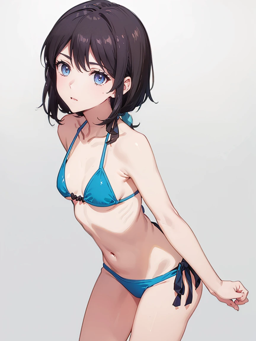 a  girl，18yr old，facing at the camera，ssmile，Bigchest，with short black hair，hair flowing，Turquoise blue eyes，Clear bikini，Expose her belly，facing at the camera，are standing，detailed finger，back to white wall