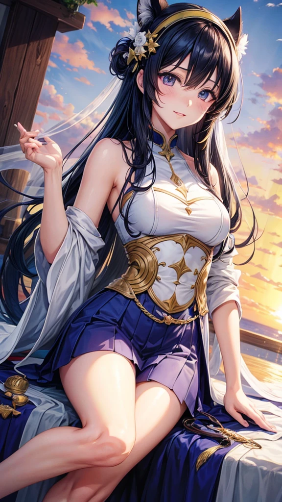 Masterpiece,Ishizu Ishtar,Best Quality,1 girl,black hair,dark skin,only,blue eyes,dark skin woman,long hair,breasts,big breasts,gold,necklace,ring,bare shoulders,bracelet,cloud,, blue sky, etiquette, hair jacket, sleeveless, blue skirt, fingerless gloves, big boobs, cowboy shot,