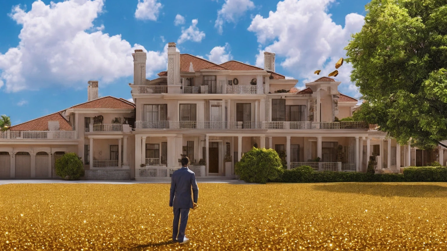 a man in front of a mansion full of gold coins falling from the sky, ultra detailed image, realism, 8k, hyper detailed skin, intense and vivid colors.
