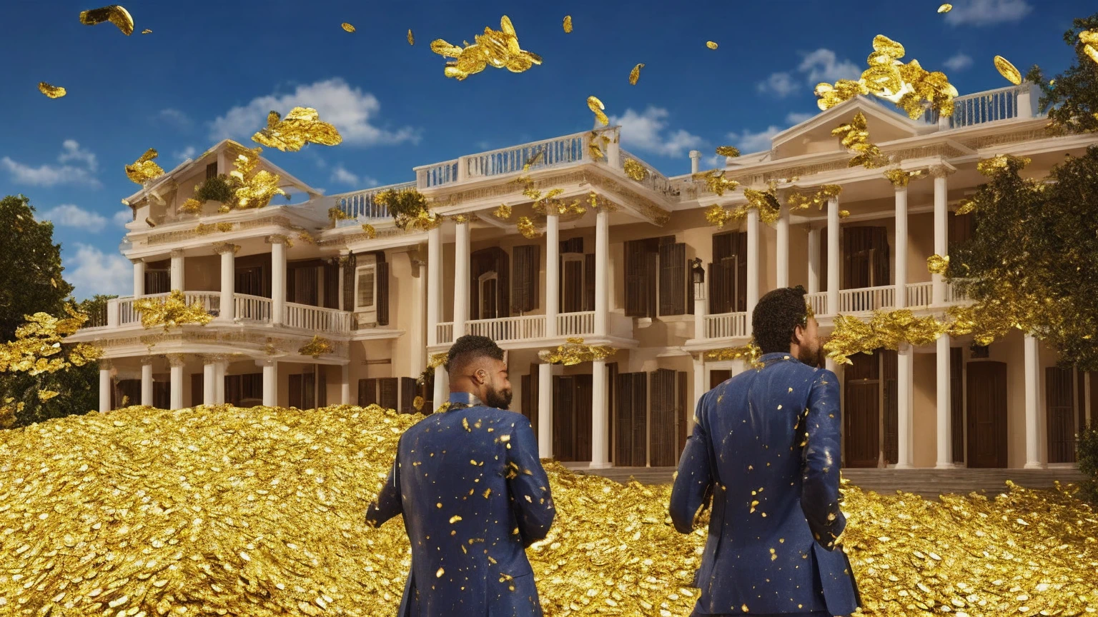 a man in front of a mansion full of gold coins falling from the sky, ultra detailed image, realism, 8k, hyper detailed skin, intense and vivid colors.
