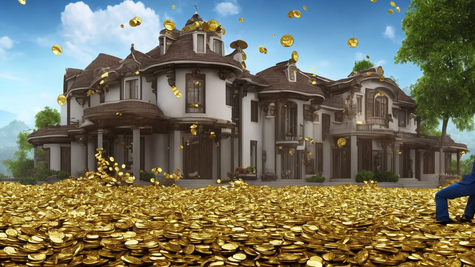 a man in front of a mansion full of gold coins falling from the sky, ultra detailed image, realism, 8k, hyper detailed skin, intense and vivid colors.
