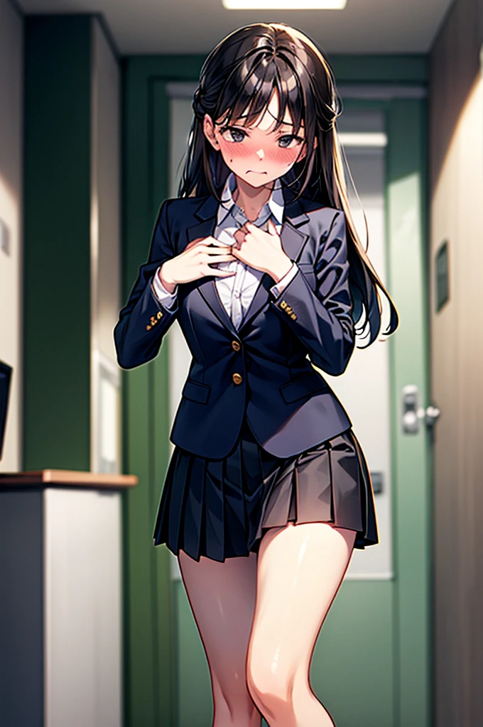 (1 person、solo), Beautiful woman, High definition beautiful black eyes、Anatomically perfect body, (Slender)、(High school girls), (Blazer uniform、White shirt, Pleated skirt), (Pussy juice:1.2),  (Look down), (Embrace your chest:1.2)、Leaning forward、************、(Highest quality)、Black Hair, (half updo:1.1), classroom、(8k, High resolution)、(shy:1.2)、Mid-chest, (steam:1.1), (embarrassed:1.4), show off nipples under shirt、(wide shot), (Inner thighs)