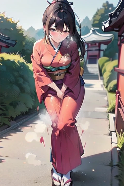 nsfw, (masterpiece, top quality, best quality, highly detailed:1.6), extremely detailed CG unity 8k wallpaper, (1 woman standing on the shrine, outdoor, kimono:1.5), Maxi Length, strong facial expression, (sharp eye:1.2), (scowl:1.1), (embarrassed,blush:1.3), (steam:1.5), (wet:1.1), (sweat:1.1), (trembling:1.3), (parted lips:1.4), (harf open eyes:1.5), (feeling weak:1.5), (shoot from front, looking at viewer:1.2), (leaning forward,close knees, hands between legs, pee running down legs:1.7), (((clutching crotch))), Sandals, (long hair, Brown hair, low ponytail:1.4), (woman trembling with sexual climax:1.5), colorful, full body, wide shot, perfect composition, (Crossing legs, Touching the crotch:1.7), urination, incontinence, piss, peeing self, A lot of pee, pee running down legs, (((pee stream))), (pee puddle), wetting herself, peeing, blush, trembling, embarrassed, large breasts, Yellow pee, ((leaking pee)), Shaking one's shoulders, Breaking a sweat on forehead, puddle of pee, Pee at your feet, Pee spread on the floor, (Pee stains), Feet wet from pee, Pee-covered feet, Pee at your feet, want to pee, about to pee, Full bladder, Pee-soaked kimono, Pee-soaked ankle socks, Pee-soaked sandasls, natural makeup,