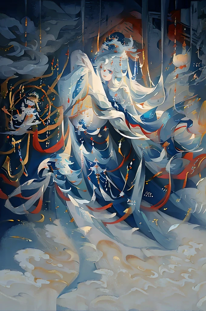 
painting of a woman in a white dress with a blue cape, flowing white robes, ancient chinese goddess, goddess of light, guanyin of the southern seas, queen of the sea mu yanling, a beautiful fantasy empress, of ethereal fantasy, astral ethereal, ((a beautiful fantasy empress)), by Yang J, ethereal fantasy, inspired by Qiu Ying