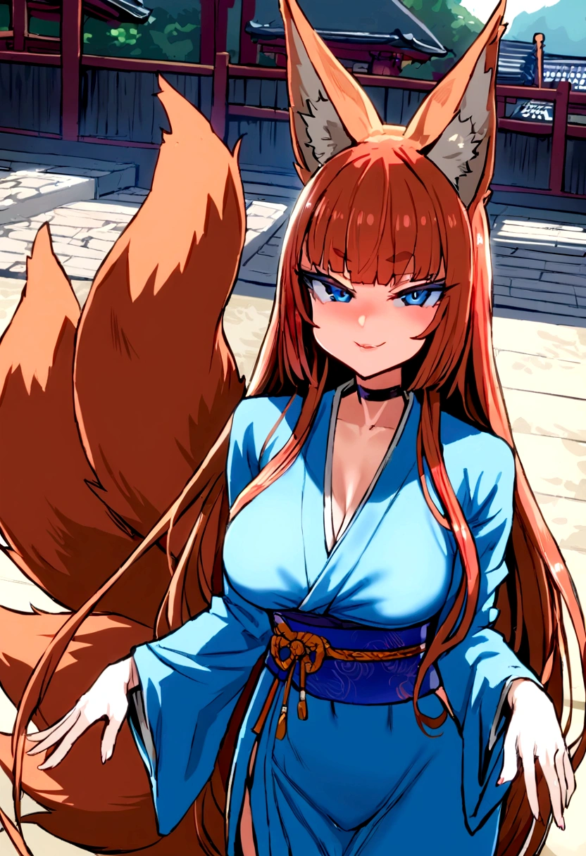 masterpiece, best quality, kitsune 1girl, solo, beautiful kitsune woman, fox ears, bangs, auburn hair, very long hair, blue eyes, smug, medium breasts, black choker, blue kimono, long kimono, long kimono sleeves, blue sash, 5 auburn fox tails, auburn hair,  looking at viewer, shrine background