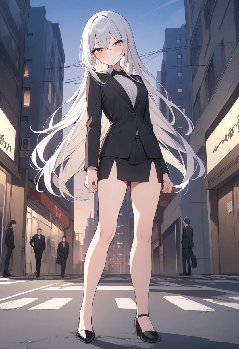 (Highest quality), (High resolution), (masterpiece), (Super detailed), Silver Hair, Long Hair, Blue and purple eyes, Blue Archive Art Style, One girl, Girl, Silky skin, Shiny skin, An athletic body, blush, Heavy breathing, chest, (Black long coat, White shirt, Black tie, Black trousers, My crotch is wet), Diagram from the front, (Bright saturation), Dripping love juice, Heart Pupil, Expression of pleasure, Trembling with sexual climax, Heavy breathing, Night Alley