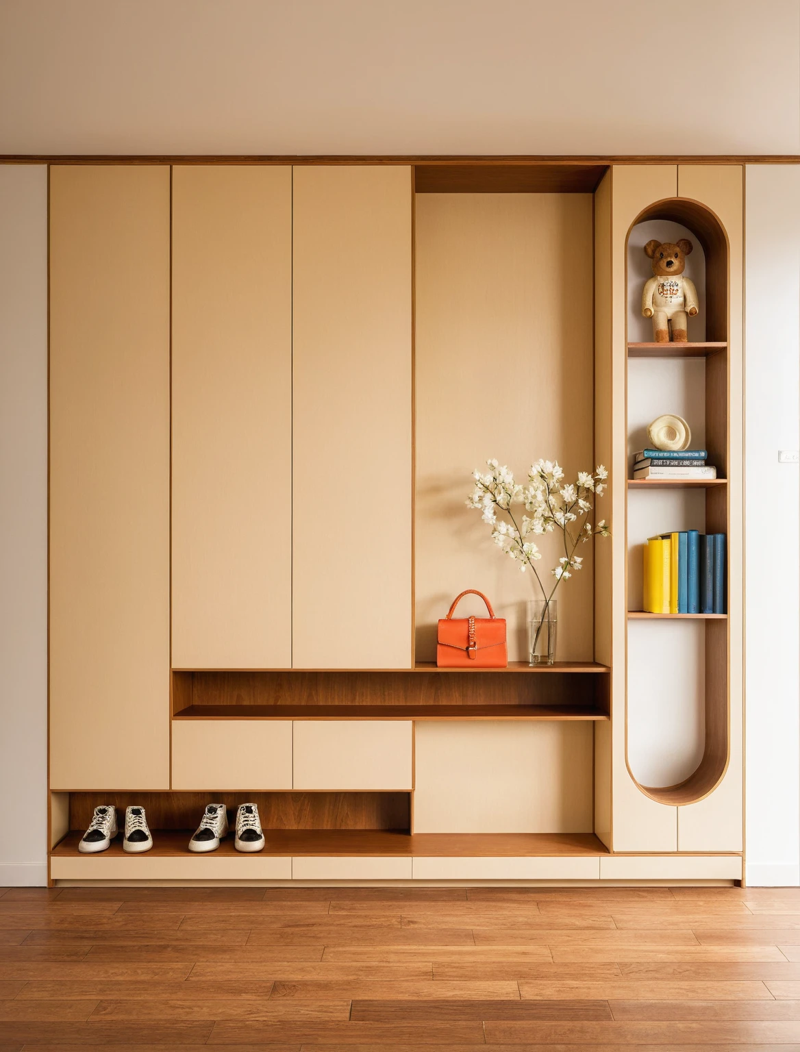 Raw photo,Masterpiece, high quality, best quality, authentic, super detail, interior, shoes Cabinet style modern, sunset, daylight, shoe cabinets, decorative cabinets, flower vases, decorations, books, wooden floor, handbags, shoes, bearbrick, 