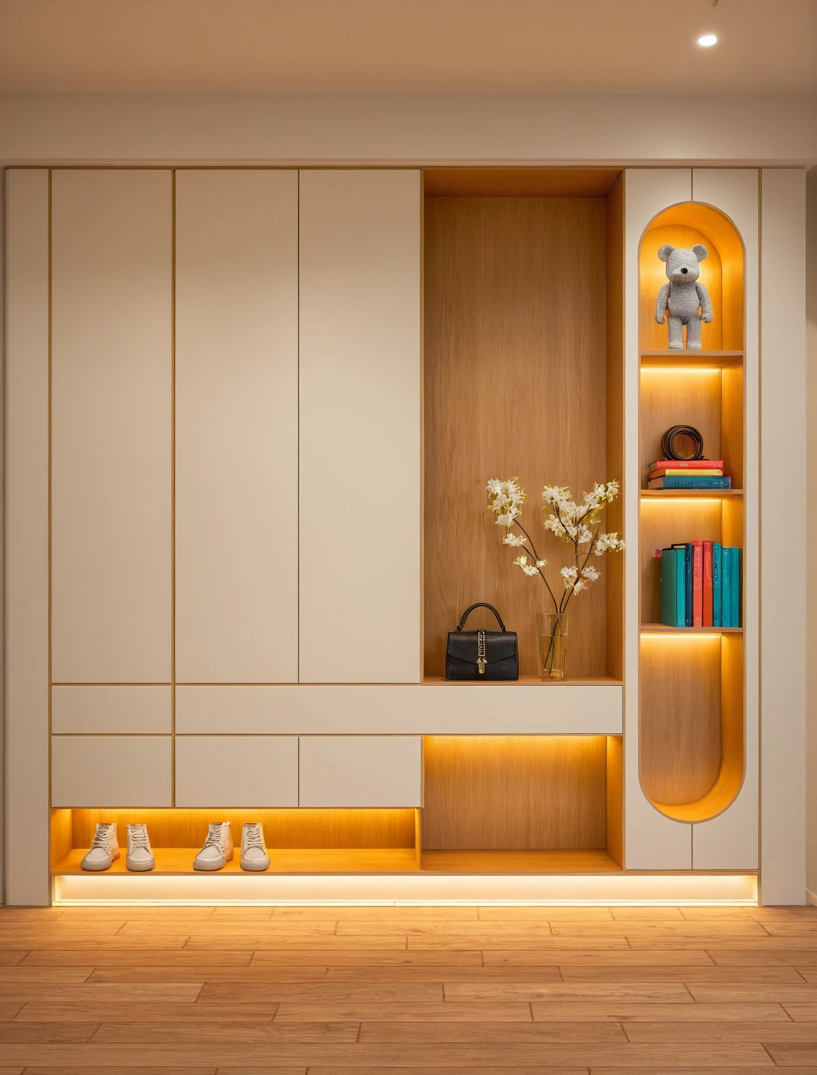 Raw photo,Masterpiece, high quality, best quality, authentic, super detail, interior, shoes Cabinet style modern, sunset, daylight, shoe cabinets, decorative cabinets, flower vases, decorations, books, wooden floor, handbags, shoes, bearbrick, 