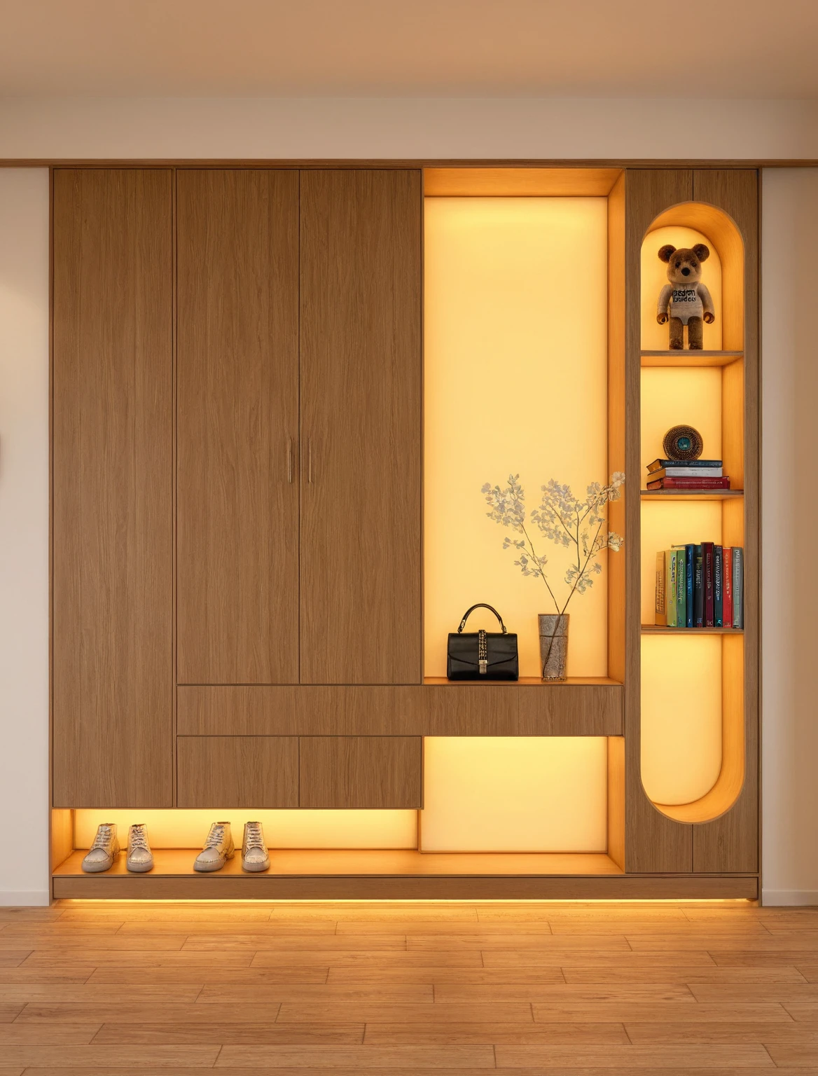 Raw photo,Masterpiece, high quality, best quality, authentic, super detail, interior, shoes Cabinet style modern, sunset, daylight, shoe cabinets, decorative cabinets, flower vases, decorations, books, wooden floor, handbags, shoes, bearbrick, 