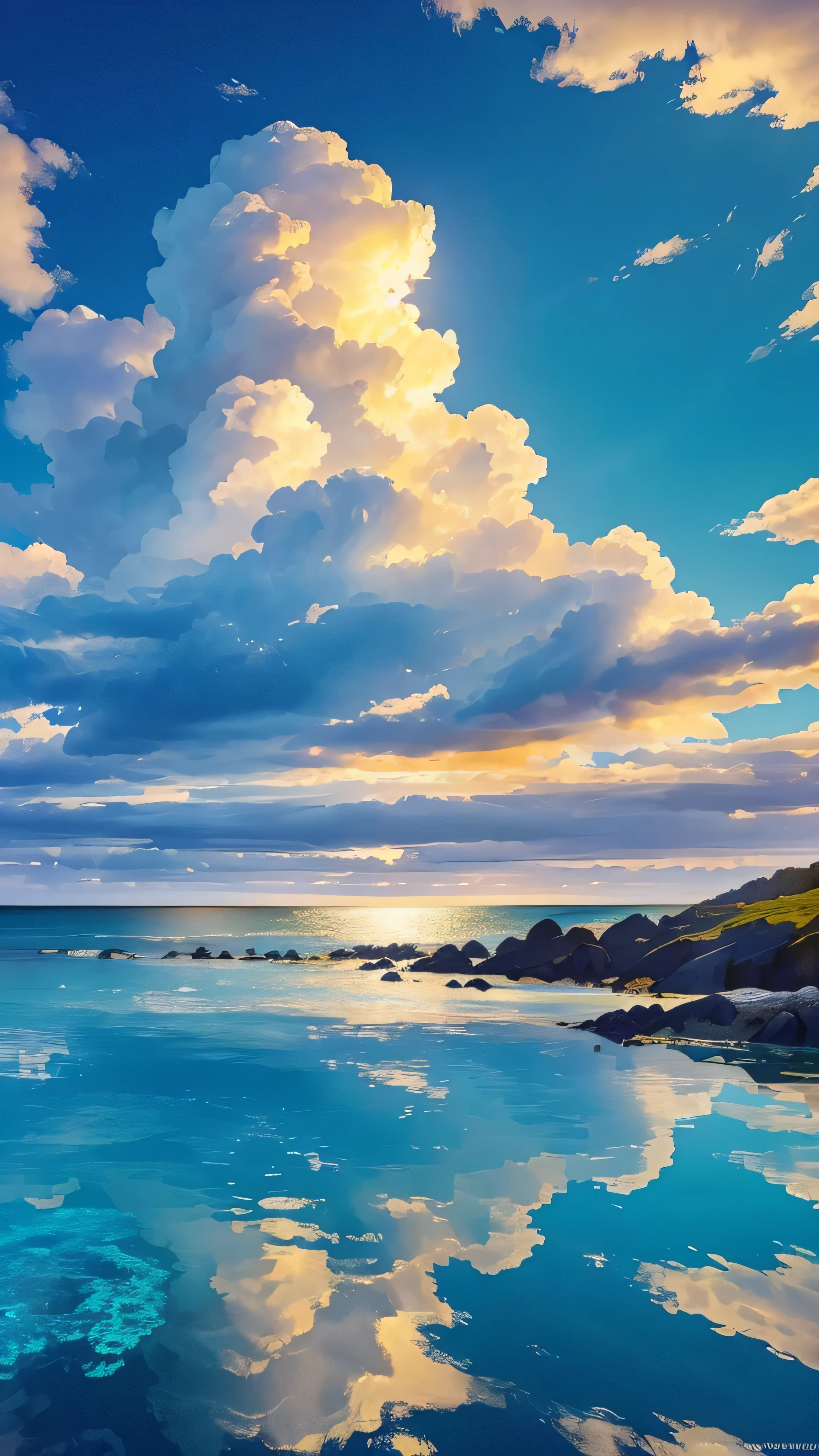 (Highest quality,masterpiece:1.3,Ultra-high resolution),(Very detailed,Caustics,8K), (Realistic:1.4, RAW shooting),clear blue sea,blue sky,White cloud,island,sun,Natural light