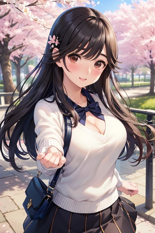 Gaoling loves flowers、Shiny brown hair, Wavy Long Hair、, Beautiful brown eyes、smile、Sparkling eyes, (Fine grain)、Ultra-detailed eyes、非常にDetailed face, Very detailedな目,

masterpiece,Highest quality,High resolution,Very detailed,masterpiece, Highest quality, High resolution, Medium chest、

((masterpiece, Highest quality, High resolution, 超High resolution, Pixel perfect, Depth of written boundary, 4K, RTTX 10.0, High resolution))), One girl, single, alone, Beautiful Anime Girls, Beautiful art style, Anime characters, 
 ((Detailed face, Blushing:1.2)), ((Smooth texture:0.75, Realistic texture:0.65, Realistic:1.1, Anime CG Style)), 
 Medium chest, Dynamic Angle, Perfect body, Cleavage, ((throw, Dynamic pose, Portraiture)), ((White sweater, Long sleeve, Black Skirt, Checked skirt, fashionable, 1 handbag)), smile, Open your mouth, amusement park, ((Cherry tree, Cherry blossoms fall))