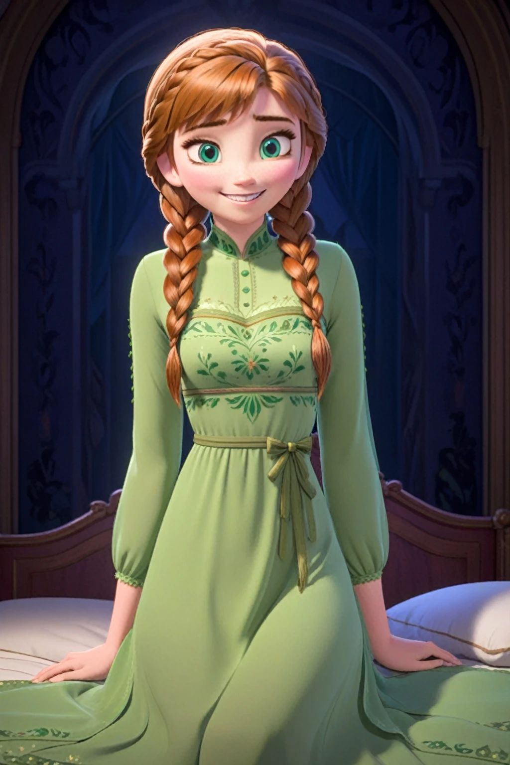 (masterpiece),(highest quality),highres,(an extremely delicate and beautiful),(extremely detailed), 1girl, solo,  anna of arendelle, green nightgown, twin braids, woman, medium breasts, night, looking at viewer, smile,  royal palace, bed, looking at viewer,  studio anime, cel shading