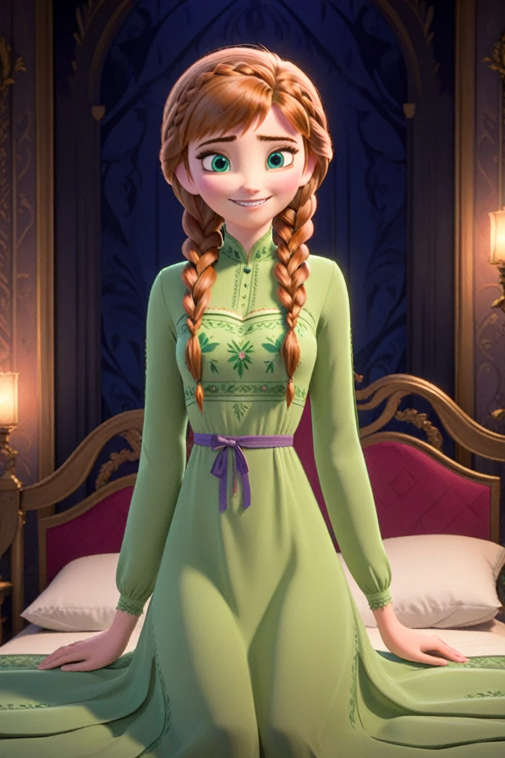 (masterpiece),(highest quality),highres,(an extremely delicate and beautiful),(extremely detailed), 1girl, solo,  anna of arendelle, green nightgown, twin braids, woman, medium breasts, night, looking at viewer, smile,  royal palace, bed, looking at viewer,  studio anime, cel shading