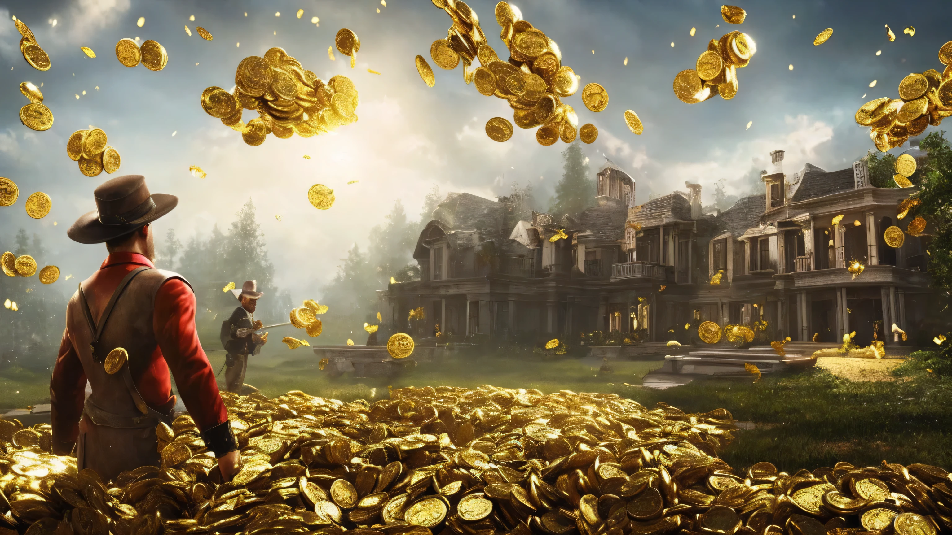 a man in front of a mansion full of gold coins falling from the sky, ultra detailed image, realism, 8k, hyper detailed skin, intense and vivid colors.
