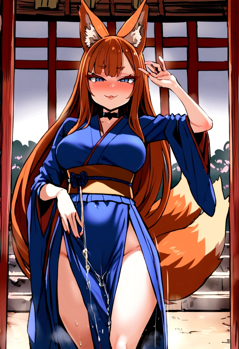 masterpiece, best quality, kitsune 1girl, solo, beautiful kitsune woman, fox ears, bangs, auburn hair, very long hair, blue eyes, smug, medium breasts, black choker, blue kimono, long kimono, long kimono sleeves, blue sash, 5 auburn fox tails, auburn hair,  looking at viewer, peeing herself, shrine background