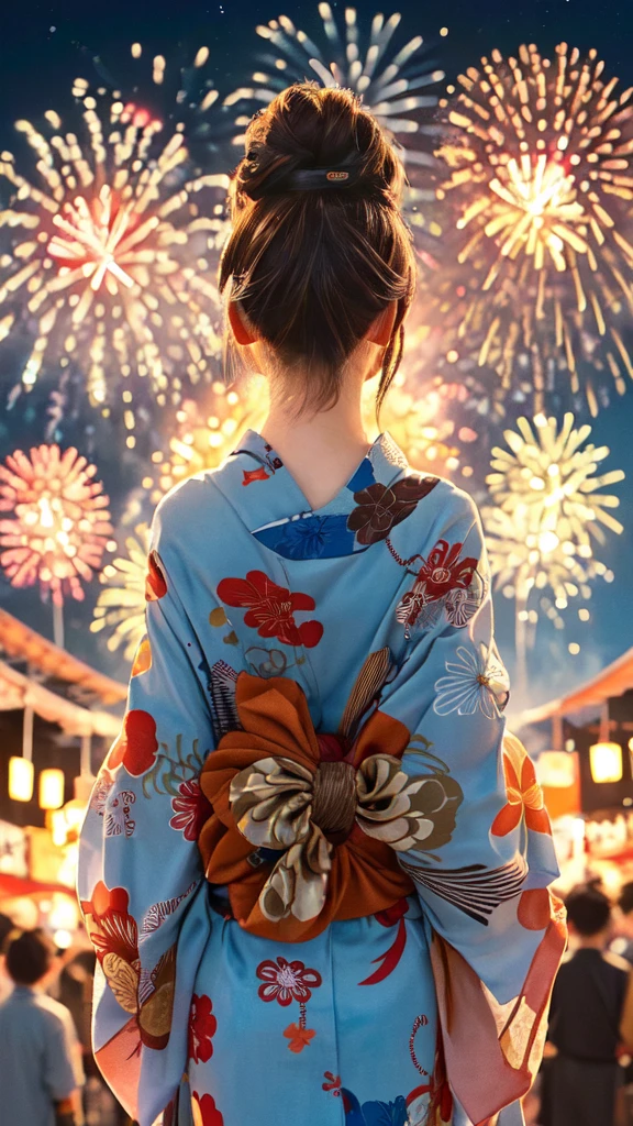 1lady solo, standing, back of head, (from behind), looking up at sky, (elegant yukata:1.1) (small golden fish-patterned:1.1), mature female, /(brown hair/), hair up, flower ornament, (nape of neck), (masterpiece best quality:1.2) delicate illustration ultra-detailed BREAK (summer festival) outdoors, (elegant fireworks), night sky, contrast, crowded, detailed background