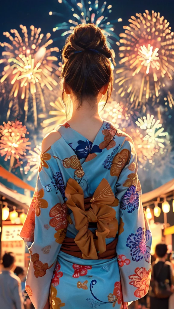 1lady solo, standing, back of head, (from behind), looking up at sky, (elegant yukata:1.1) (small golden fish-patterned:1.1), mature female, /(brown hair/), hair up, flower ornament, (nape of neck), (masterpiece best quality:1.2) delicate illustration ultra-detailed BREAK (summer festival) outdoors, (elegant fireworks), night sky, contrast, crowded, detailed background