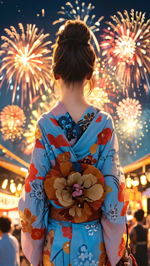 1lady solo, standing, back of head, (from behind), looking up at sky, (elegant yukata:1.1) (small golden fish-patterned:1.1), mature female, /(brown hair/), hair up, flower ornament, (nape of neck), (masterpiece best quality:1.2) delicate illustration ultra-detailed BREAK (summer festival) outdoors, (elegant fireworks), night sky, contrast, crowded, detailed background