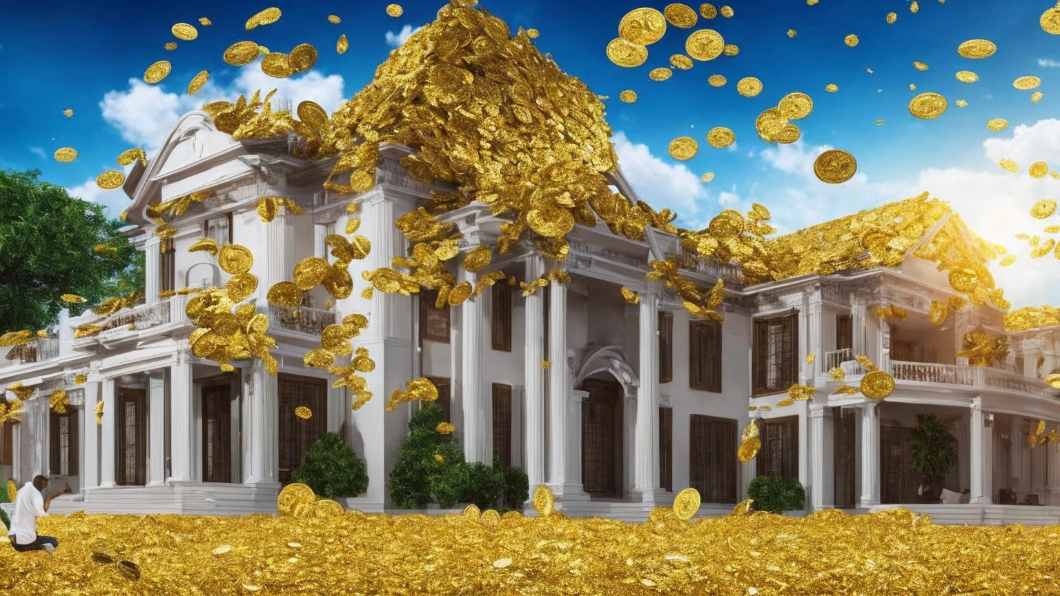 a man in front of a mansion full of gold coins falling from the sky, ultra detailed image, realism, 8k, hyper detailed skin, intense and vivid colors.
