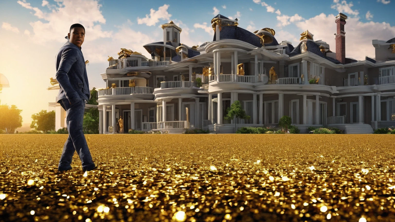 a man in front of a mansion full of gold coins falling from the sky, ultra detailed image, realism, 8k, hyper detailed skin, intense and vivid colors.
