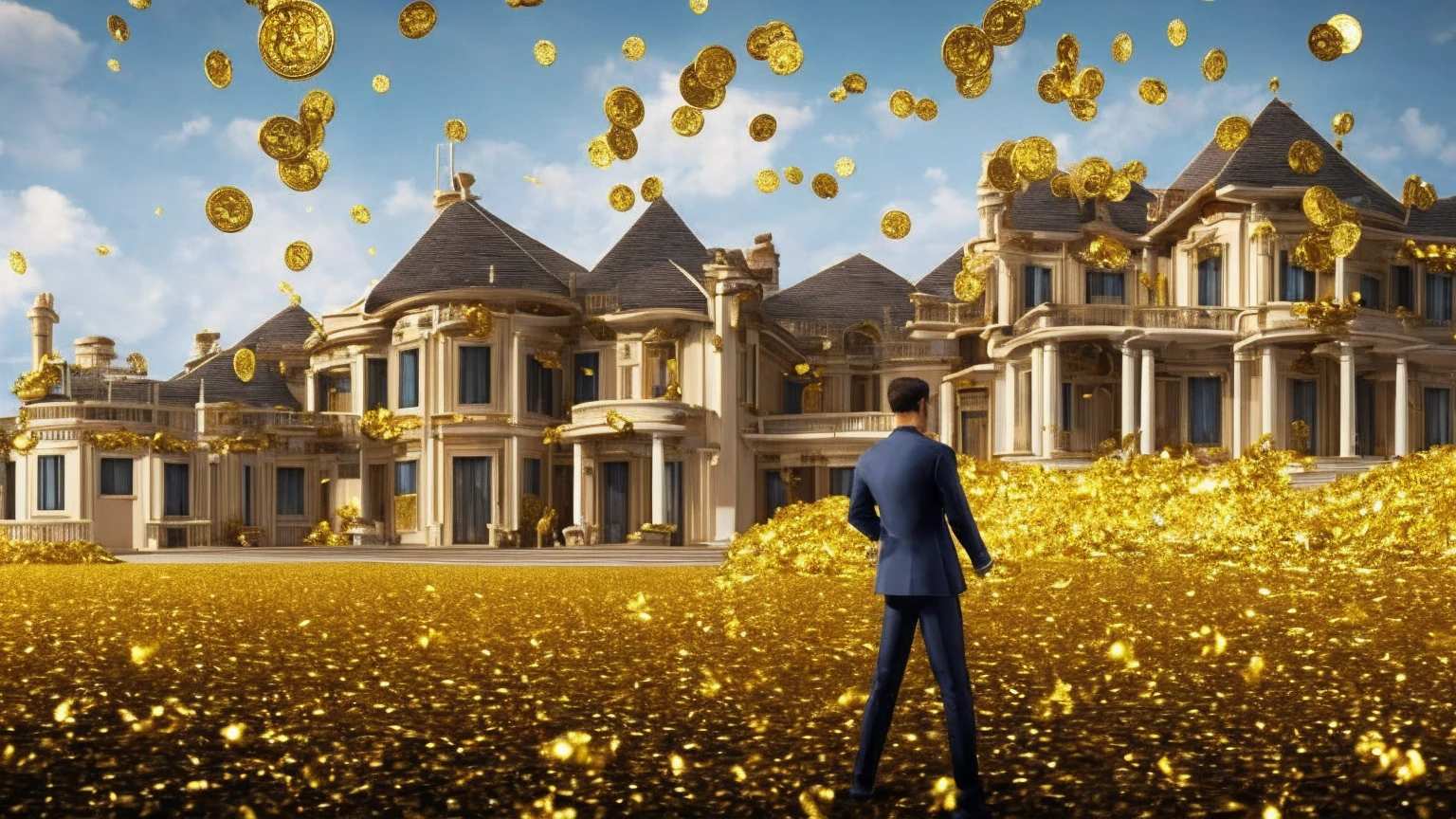 a man in front of a mansion full of gold coins falling from the sky, ultra detailed image, realism, 8k, hyper detailed skin, intense and vivid colors.
