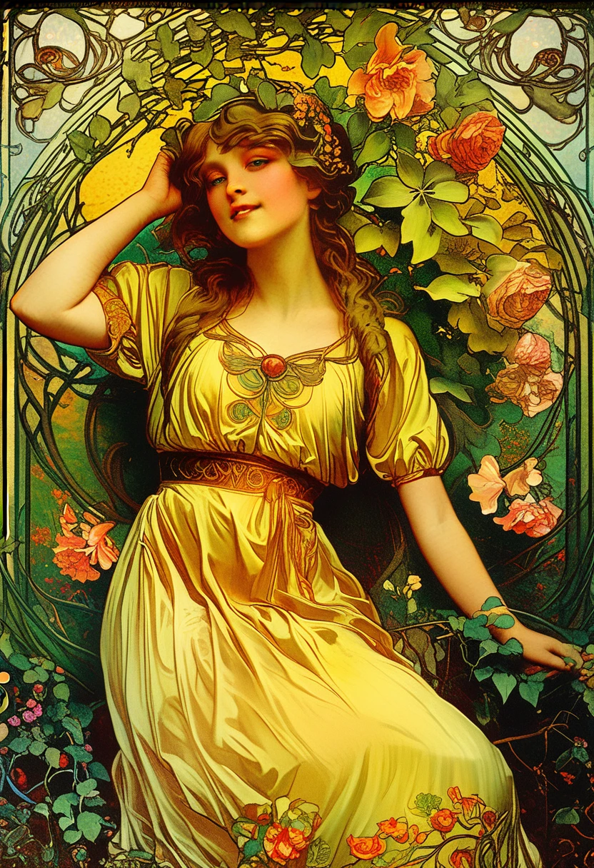 A lush garden, intricate floral patterns, detailed petals, vibrant colors, ornate art nouveau style, Alfons Mucha inspired, beautiful woman surrounded by flowers, elegant flowing dress, ornamental leaves and vines, warm lighting, detailed facial features, delicate skin, dreamy atmosphere, photorealistic, 8k, best quality, masterpiece