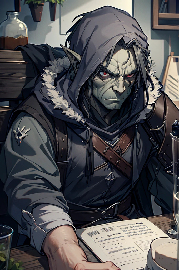 masterpiece:1.4, male, old, Half-Orc, low, Eye wounds, Grey tattered cloak, Hood on the head