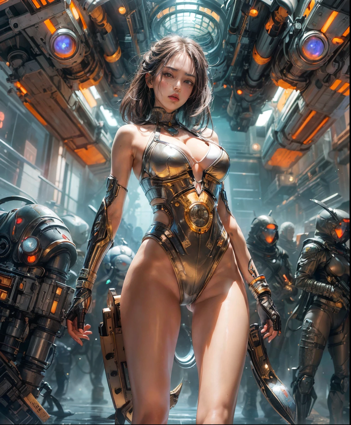 (((Camera angle of her butt))), ((wearing ultra thin translucent bikini with gorgeous muscular long legs)), ((beige white silver black)), prismatic, reflective, ((ultra perfect flowing hairstyle)), (((huge natural breasts, tan lines))), ((perfect radiant skin color)), ((super colourful)), (((sunny day beautiful skies))), (((detailed spaceship background and incredibly sci-fi retro art masterpiece))), (((1:1 scale proportions))), ((science fiction)), ((chrome spaceships)), (((ultra photorealistic realism))), ((Smooth curves, clean lines, streamlined, functional aesthetics, reflective surfaces, integrated lighting, futuristic city, engraved Egyptian and spiritual motifs)), ((acrylic plastic robot))