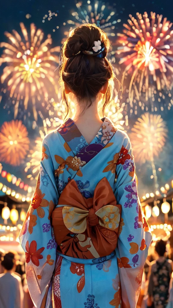 1lady solo, standing, back of head, (from behind), looking up at sky, (elegant yukata:1.1) (small golden fish-patterned:1.1), mature female, /(brown hair/), hair up, flower ornament, (nape of neck), (masterpiece best quality:1.2) delicate illustration ultra-detailed BREAK (summer festival) outdoors, (elegant fireworks), night sky, contrast, crowded, detailed background