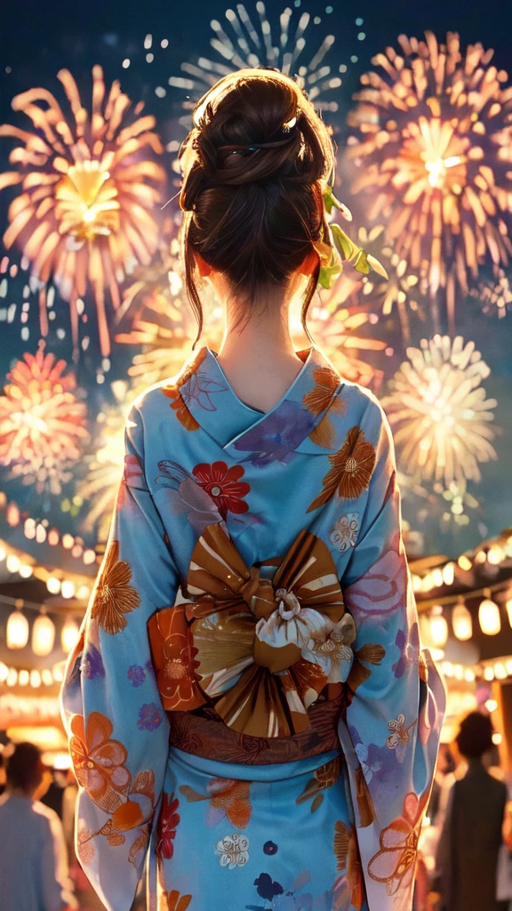 1lady solo, standing, back of head, (from behind), looking up at sky, (elegant yukata:1.1) (small golden fish-patterned:1.1), mature female, /(brown hair/), hair up, flower ornament, (nape of neck), (masterpiece best quality:1.2) delicate illustration ultra-detailed BREAK (summer festival) outdoors, (elegant fireworks), night sky, contrast, crowded, detailed background