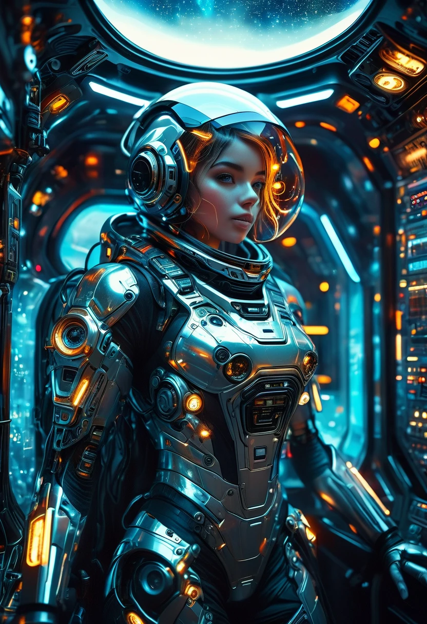 a futuristic astronaut in a space capsule, control panel, high-tech interior, metal and glass materials, atmospheric lighting, dramatic cinematic composition, intricate details, photorealistic, concept art style