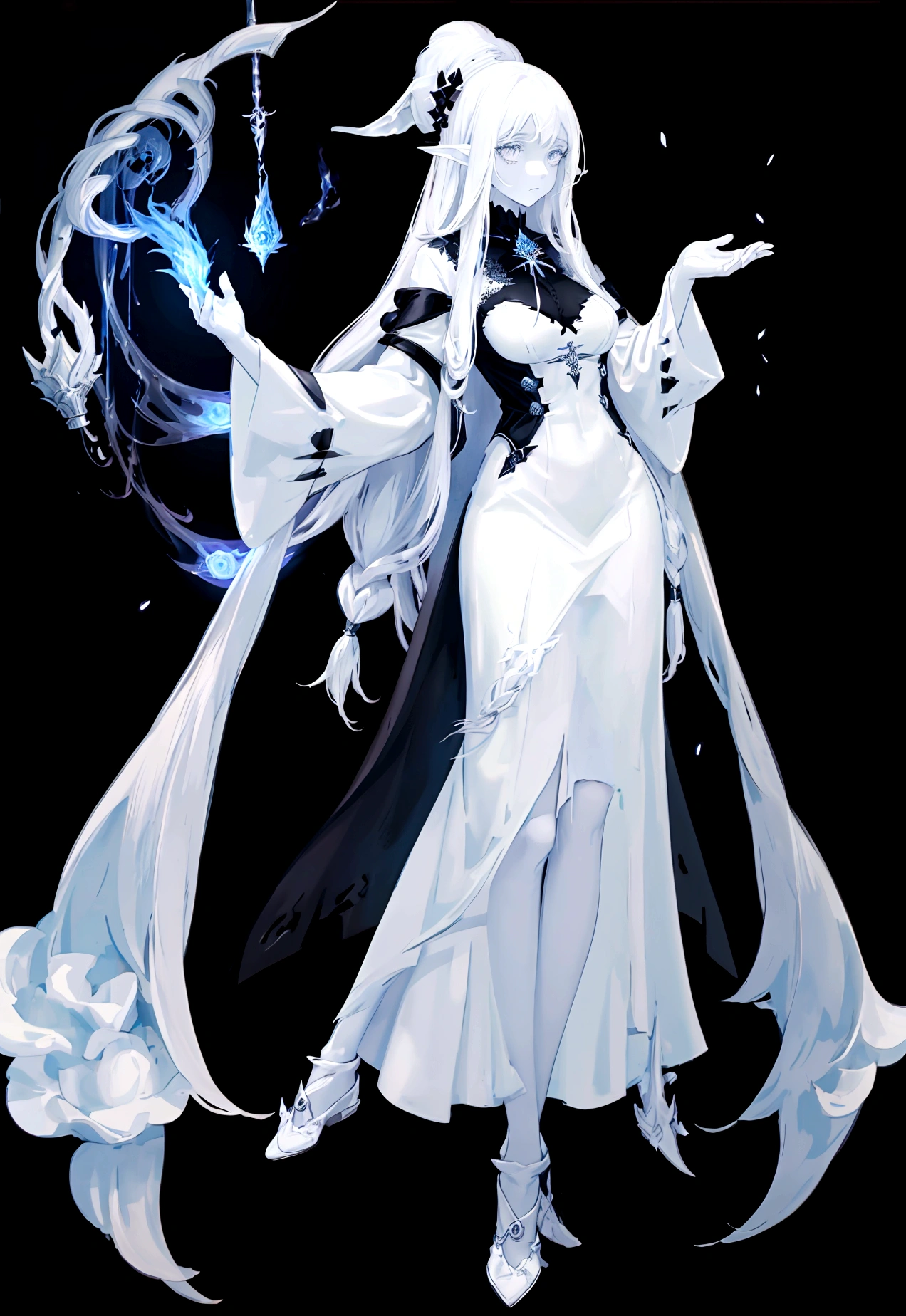 Character (adult woman) (white long hair) (white witch-style clothing) (character dynamic pose) (full body) (black background)