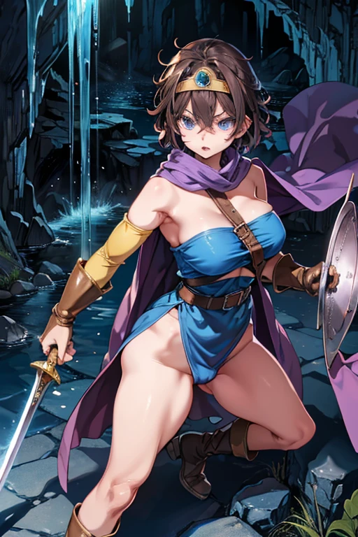 broken (dq3),Female Warrior,((Highest quality)), ((masterpiece)),(detailed),High resolution,Sharp focus,Perfect Face,{best illustration},(complete anatomy),
(非常にdetailed CG unity 8k wallpaper),(((Vibrant colors))),Official Art,dq3,One girl,short hair,
shiny 肌,very shiny 肌,Shiny body,plastic glitter 肌,exaggerated shiny 肌,illuminated skin,
((detailedなボディ)),(detailedな顔)), cute,Lewd,erotic,Bold,Camel Toe,(erection of nipple),
Muscular,Perfect Fingers,Beautiful fine details,Symmetrical eyes,
Brown Hair,blue eyes,Gold circlet with blue jewel,Big Breasts,Cleavage,pubic hair,
Strapless,Blue clothes,Purple Cape,Knee socks,gloves,boots,belt,sheath,肘用gloves, 革のboots, 革のbelt,
((fighting stance)), holding sword, Get angry, Glare,Hold your shield,
creepy limestone cave, Icicle,Huge underground lake in a cave,reflection,Mysterious atmosphere,Faint light,Cascading Waterfall,
